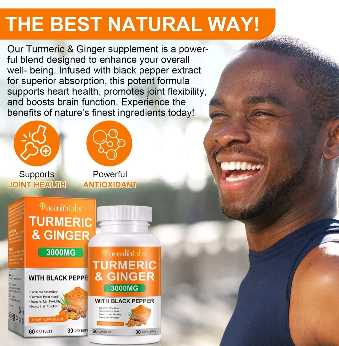 Turmeric & Ginger supplement with a man smiling outdoors, promoting health benefits.