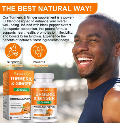 Turmeric & Ginger supplement with a man smiling outdoors, promoting health benefits.