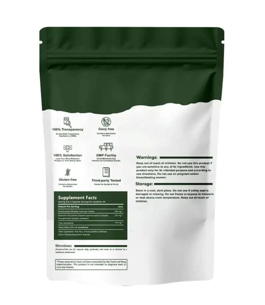 Rear of the Liposomal NAD+ pouch showing the supplement facts panel, directions, storage advice and product warnings
