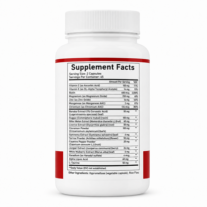 Vitarosa Blood Sugar Complex supplement information showing a two-capsule serving