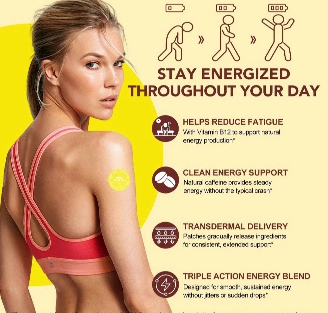 Woman wearing a red sports bra with energy patch on a yellow background, featuring text about energy support.