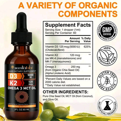 Supplement bottle with dropper labeled 'accentualabs' on a light green background with text about supplement facts and product features.