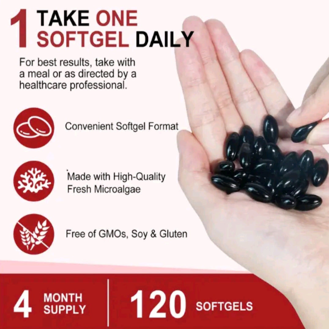 A hand holding a pile of black softgel capsules on a light pink background with promotional text. The graphic includes icons for convenient softgel format, high-quality fresh microalgae, and free of GMOs, soy & gluten, with a 4-month supply of 120 softgels.