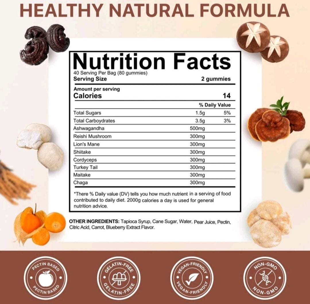 Nutrition facts label for a healthy natural product with various ingredients and health benefits.