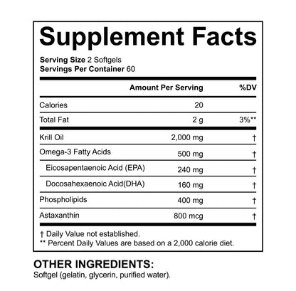 A supplement facts label showing a Supplement Facts panel with serving size 2 softgels, calories, total fat, and listed ingredients including Krill Oil, Omega-3 Fatty Acids, EPA, DHA, phospholipids, and astaxanthin, plus other ingredients text below on a white background.
