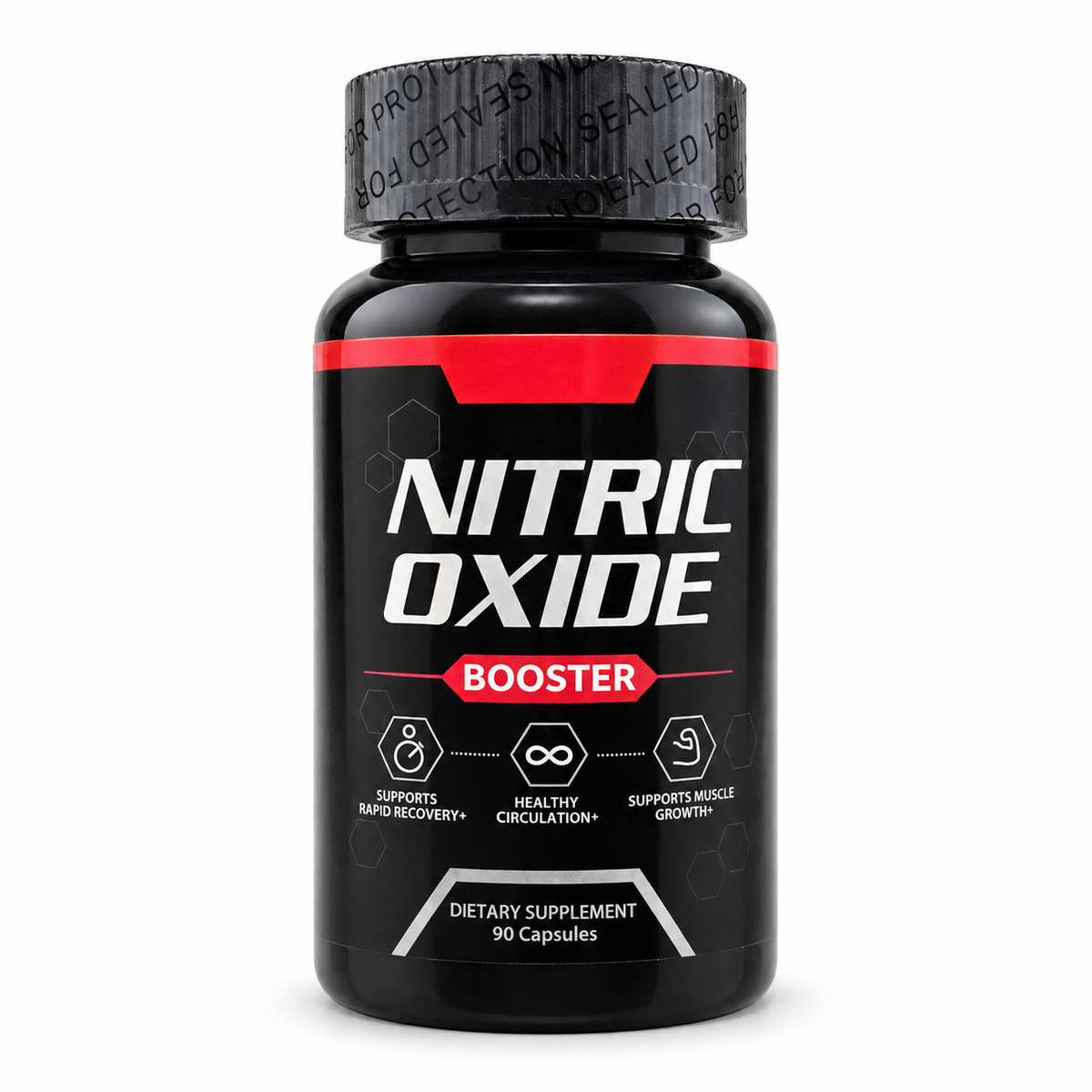 Black Nitric Oxide Booster bottle containing 90 capsules, with a red and white label.