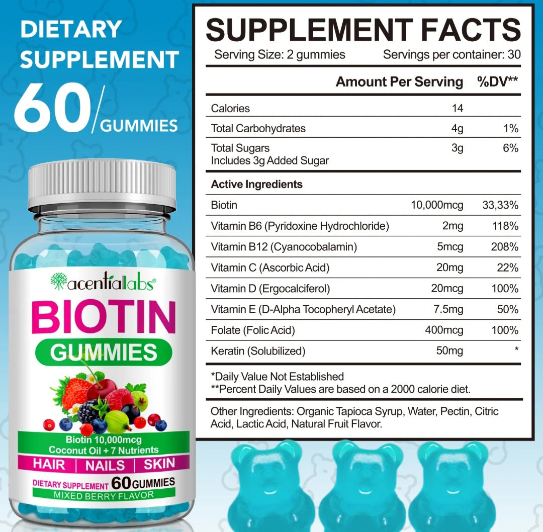 Biotin gummies packaging with supplement facts label on a blue background