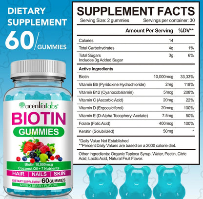 Biotin gummies packaging with supplement facts label on a blue background
