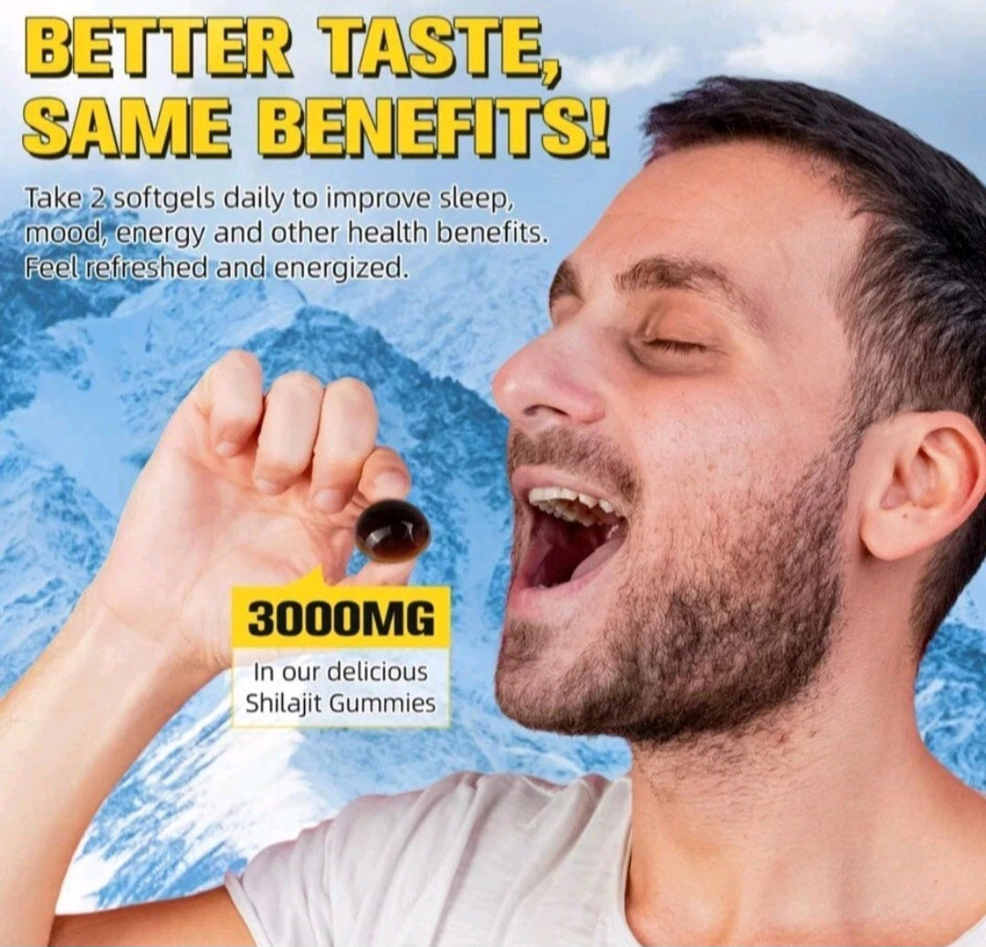 Man with open mouth holding a Shilajit gummy with mountain background and promotional text.