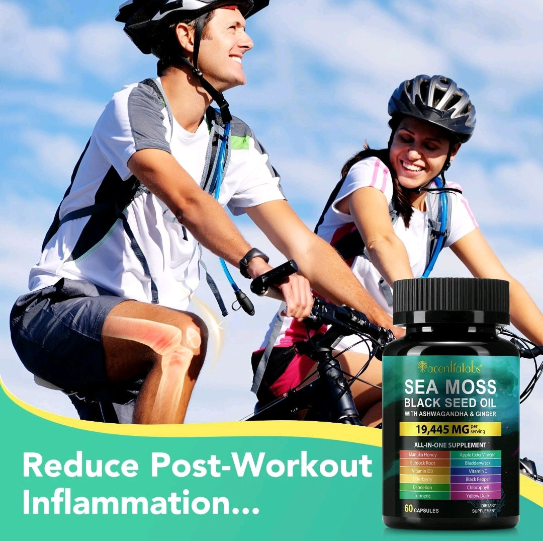Two people riding bicycles with a bottle of Sea Moss and Black Seed Oil supplement in the foreground.