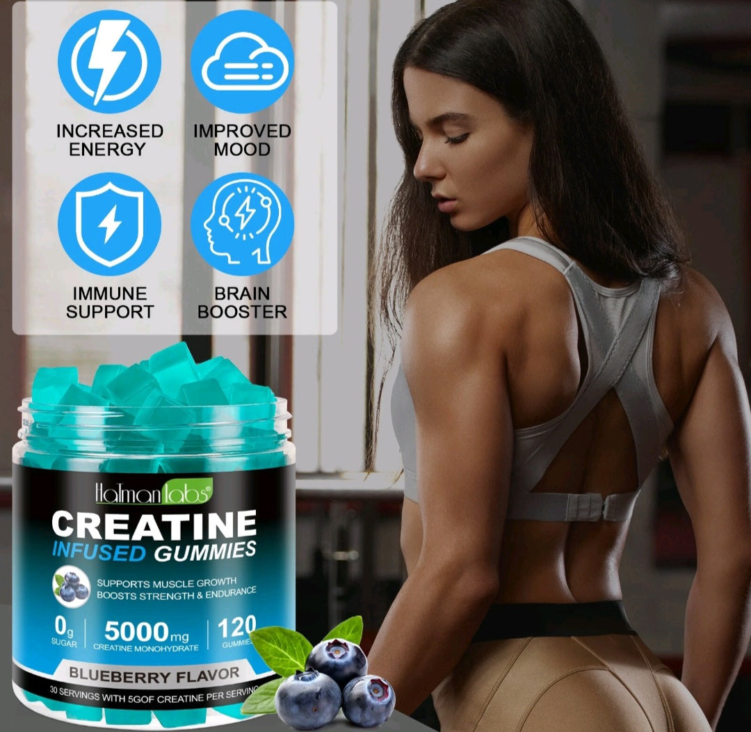 Woman in a gym setting with Holman Labs Creatine Infused Gummies packaging.