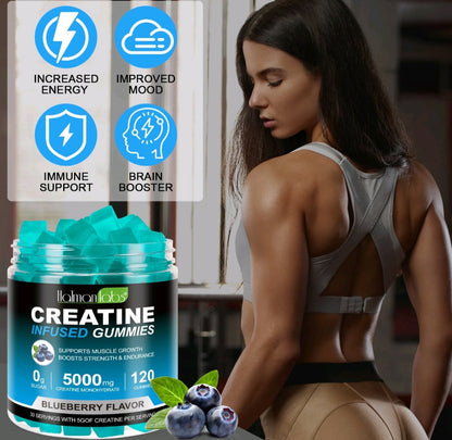 Woman in a gym setting with Holman Labs Creatine Infused Gummies packaging.