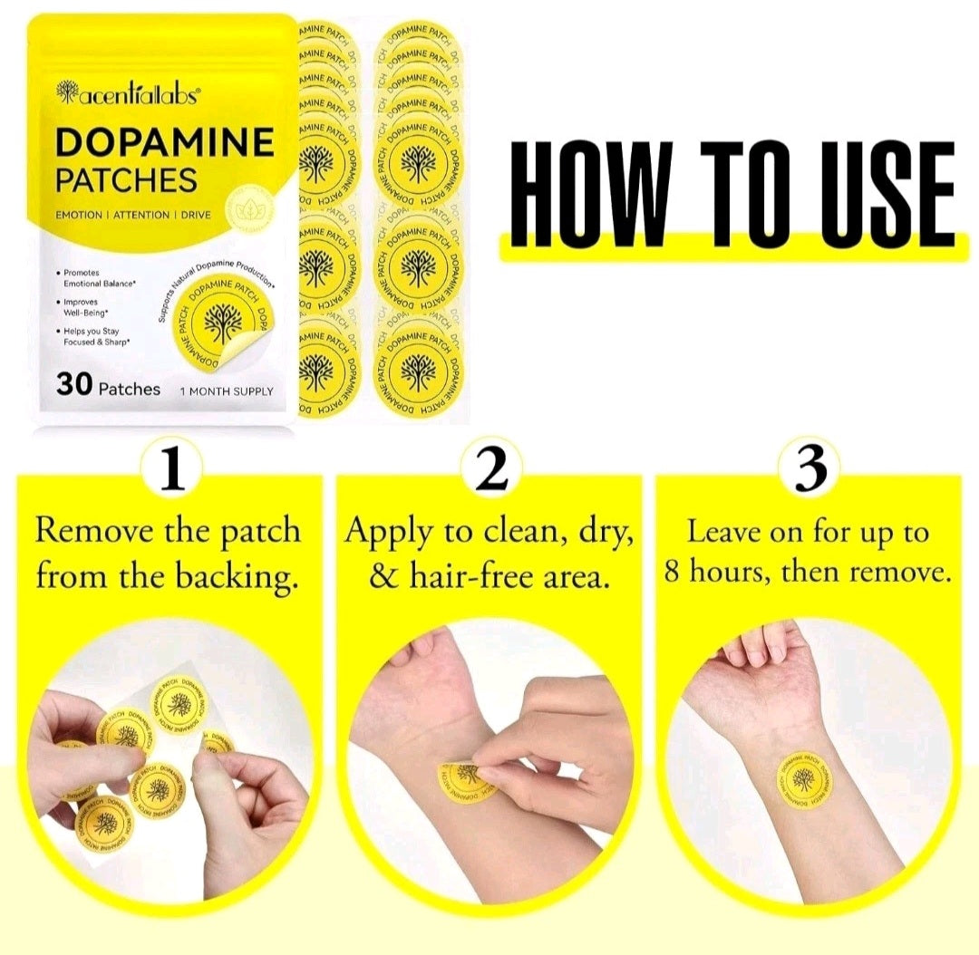 Dopamine patches packaging with usage instructions on a yellow background
