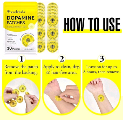 Dopamine patches packaging with usage instructions on a yellow background