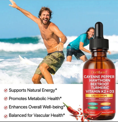 Bottle of Cayenne Pepper Hawthorn Beetroot Turmeric Vitamin K2 + D3 liquid drops with a man and woman playing in the ocean.