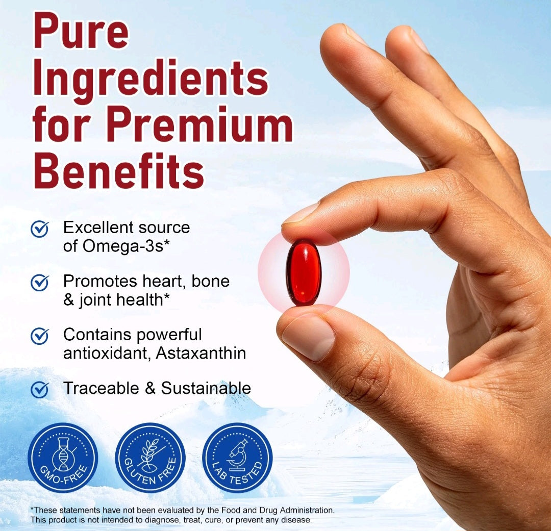 Hand holding a red Antarctic krill oil softgel beside an omega-3 product benefits graphic