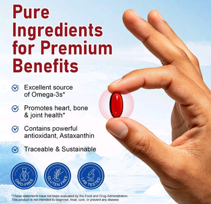Hand holding a red Antarctic krill oil softgel beside an omega-3 product benefits graphic