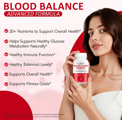 Woman holding a supplement bottle with text about blood balance and health benefits on a red and white background.