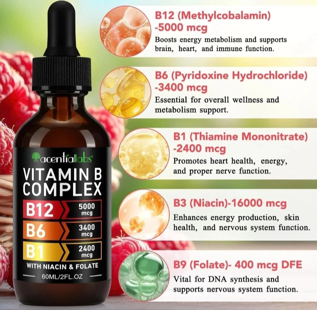 Vitamin B complex bottle with dropper and colorful graphics of vitamin molecules and text on a white background.