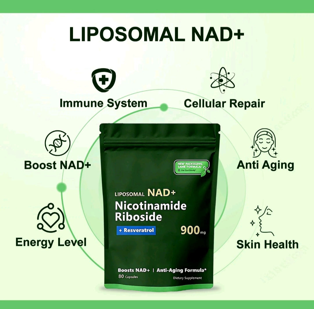 Liposomal NAD+ 900mg pouch centred in a green supplier infographic with wellness feature icons around the packaging