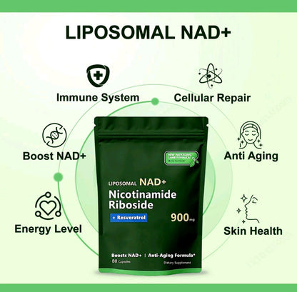 Liposomal NAD+ 900mg pouch centred in a green supplier infographic with wellness feature icons around the packaging