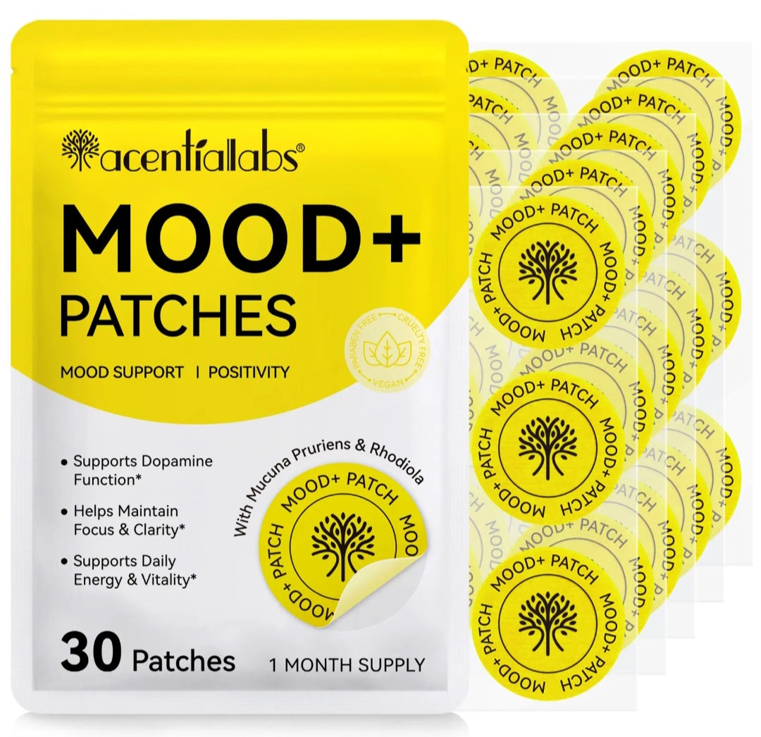 Aenitalabs Mood+ Patches packaging showing a yellow and white pouch with several round yellow patches displayed beside it on a white background.