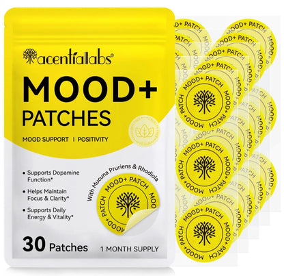 Aenitalabs Mood+ Patches packaging showing a yellow and white pouch with several round yellow patches displayed beside it on a white background.