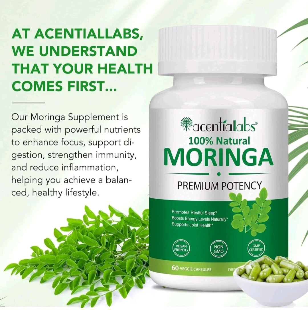 Acentialabs Moringa supplement bottle with text about health benefits on a light green background.