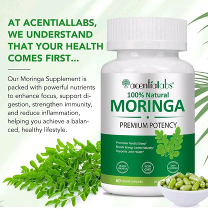 Acentialabs Moringa supplement bottle with text about health benefits on a light green background.