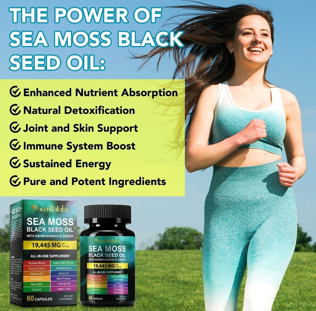 Woman running outdoors with Sea Moss Black Seed Oil packaging and benefits listed on a blue sky background