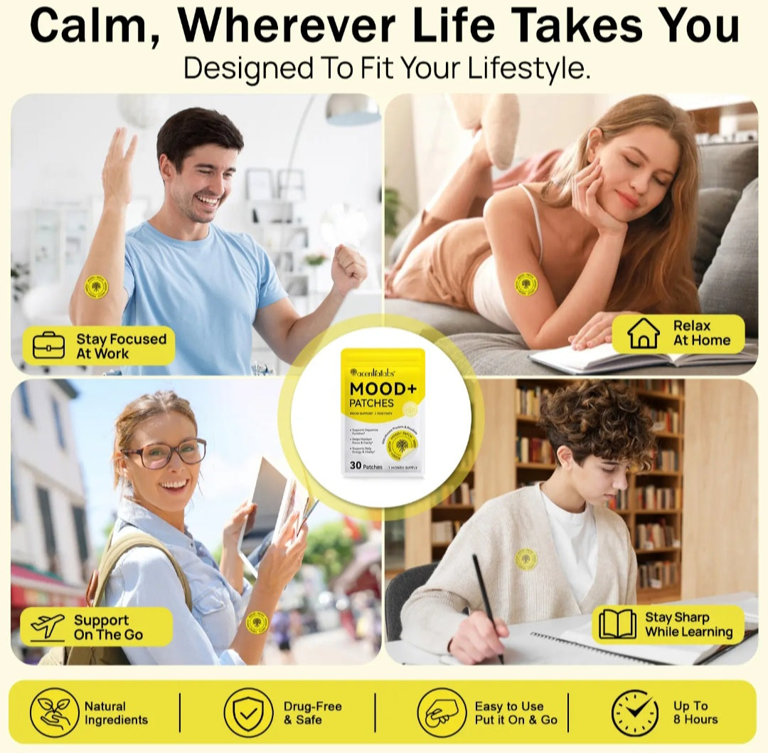 Promotional graphic for Mood+ Melatonin, showing four lifestyle scenes of people working, relaxing, and studying, with text overlays and icons highlighting benefits like staying focused at work, relaxing at home, and staying sharp while learning.
