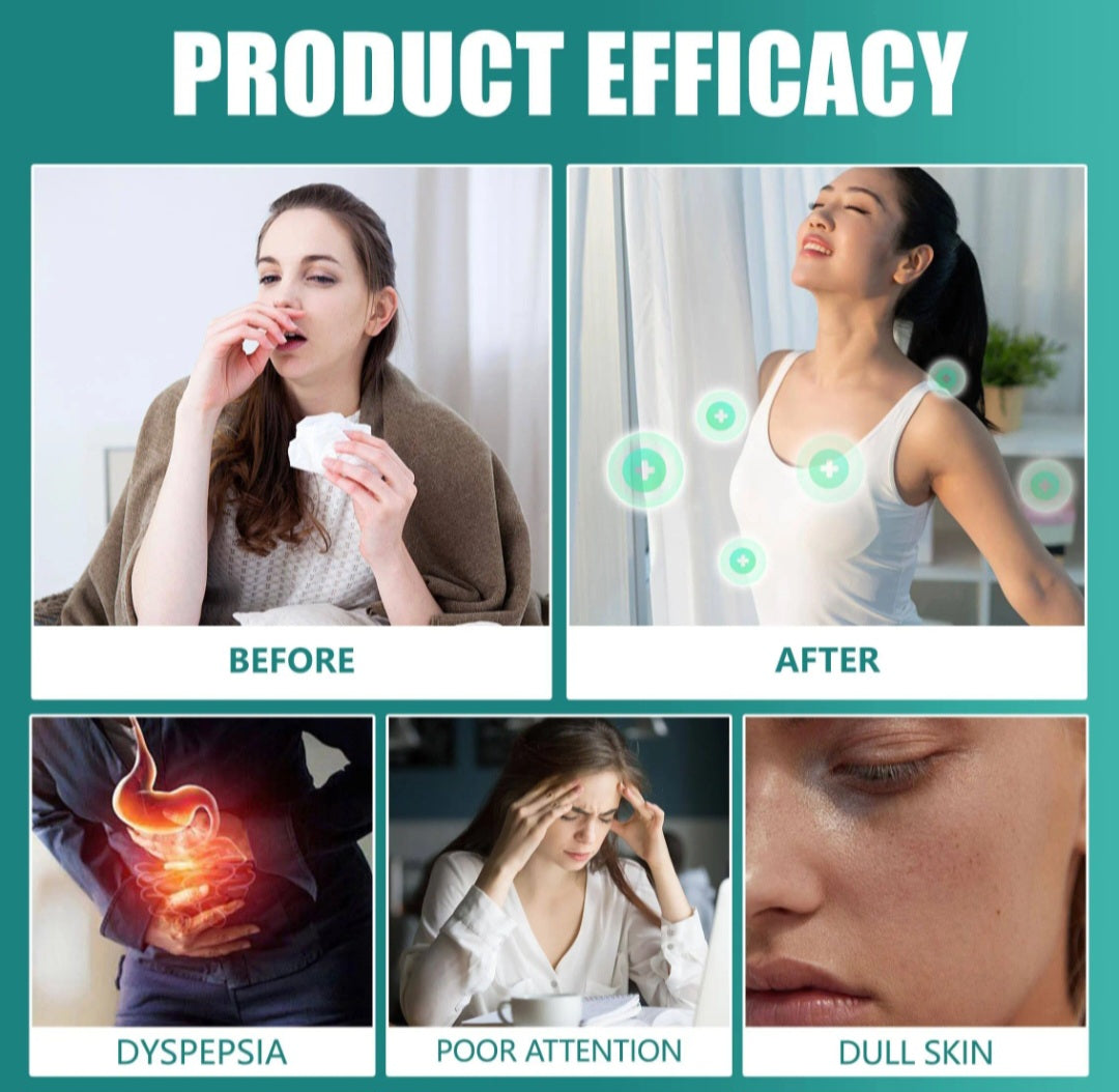 A promotional before-and-after infographic titled 'PRODUCT EFFICACY' showing four panels: a woman coughing and holding a tissue labeled 'BEFORE,' a woman looking relieved labeled 'AFTER' with glowing circular icons, a person with a highlighted digestive area labeled 'DYSPEPSIA,' and a woman rubbing her temples with her hands labeled 'POOR ATTENTION,' plus a close-up of dull skin labeled 'DULL SKIN.'.