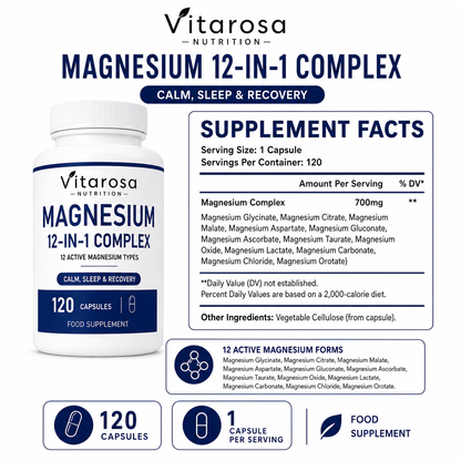 Vitarosa Nutrition Magnesium 12-in-1 Complex food supplement packaging and supplement facts panel. The white bottle with blue and purple branding is shown alongside a detailed facts box listing 120 capsules, 700 mg magnesium complex, and 12 active magnesium types.