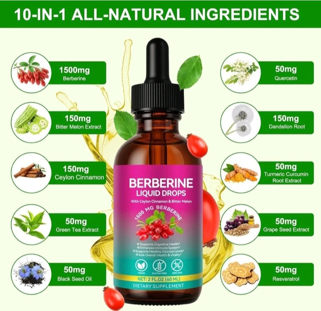 Bottle of Berberine Liquid Drops with natural ingredients listed on a green background