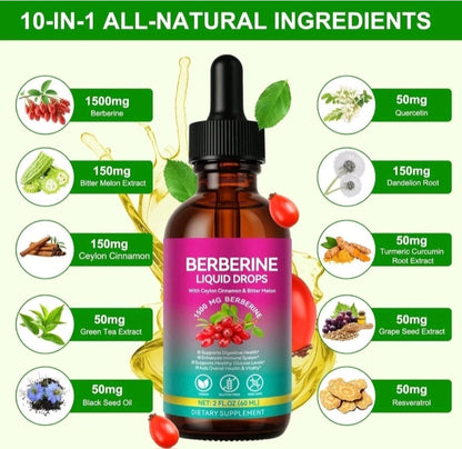 Bottle of Berberine Liquid Drops with natural ingredients listed on a green background