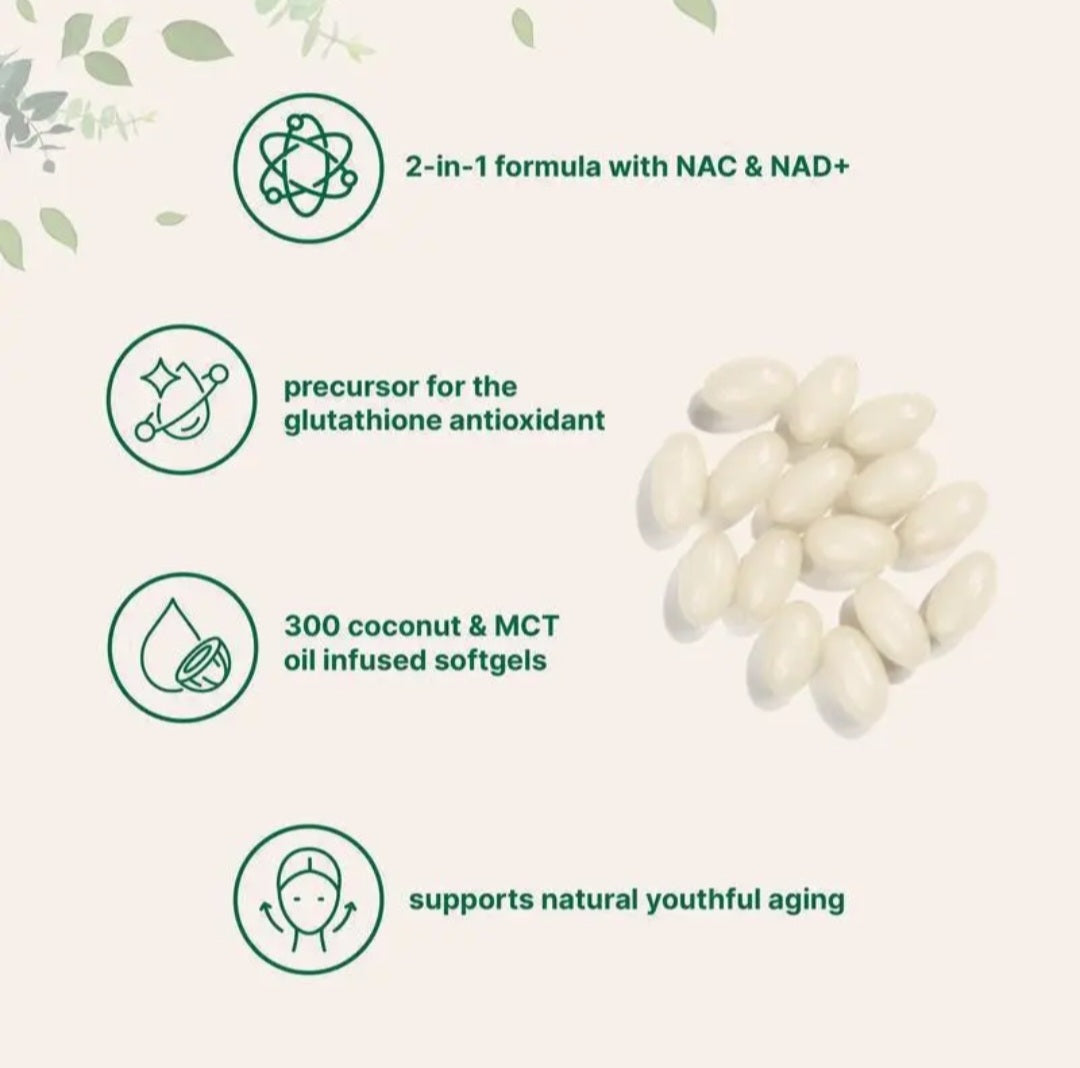 NAC and NAD+ softgels beside illustrated product formula features.