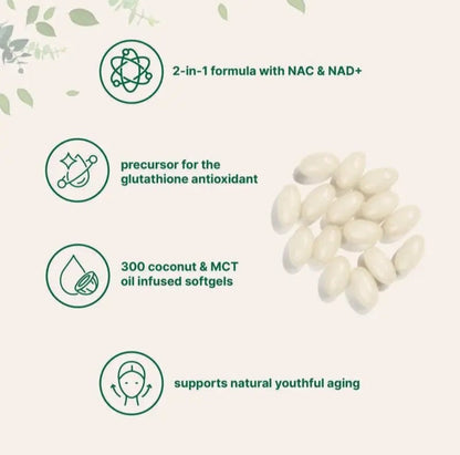 NAC and NAD+ softgels beside illustrated product formula features.