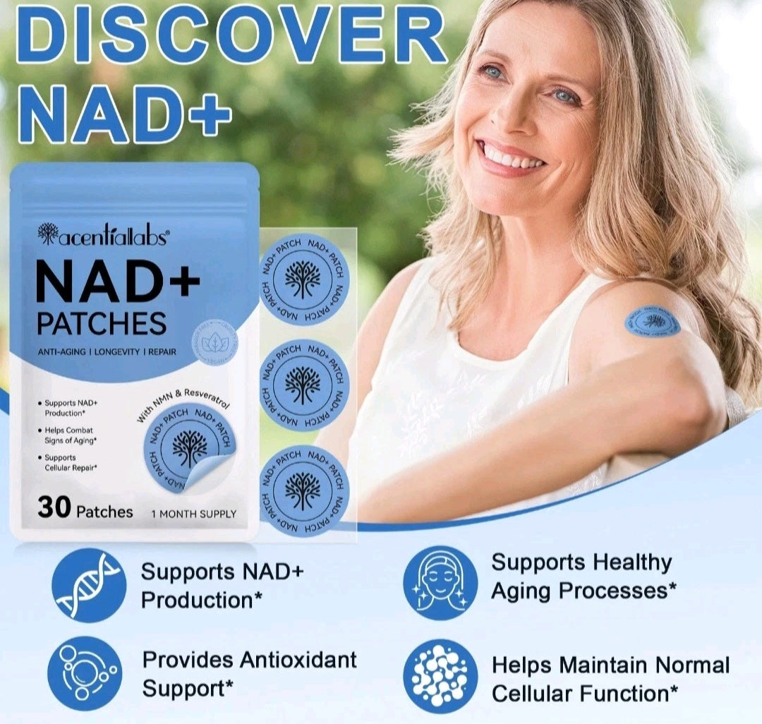 Advertisement for NAD+ patches with a woman wearing them, set against a blurred green outdoor background.