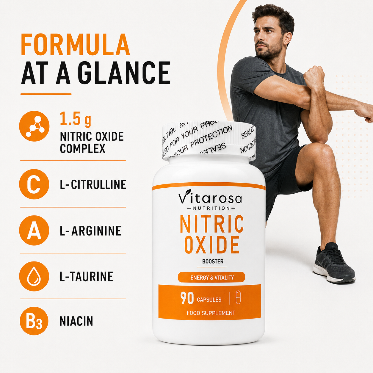 Vitarosa Nitric Oxide Booster formula with L-citrulline, L-arginine, L-taurine and niacin