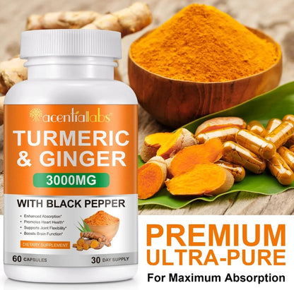 Turmeric and ginger supplement bottle with turmeric roots and powder in the background
