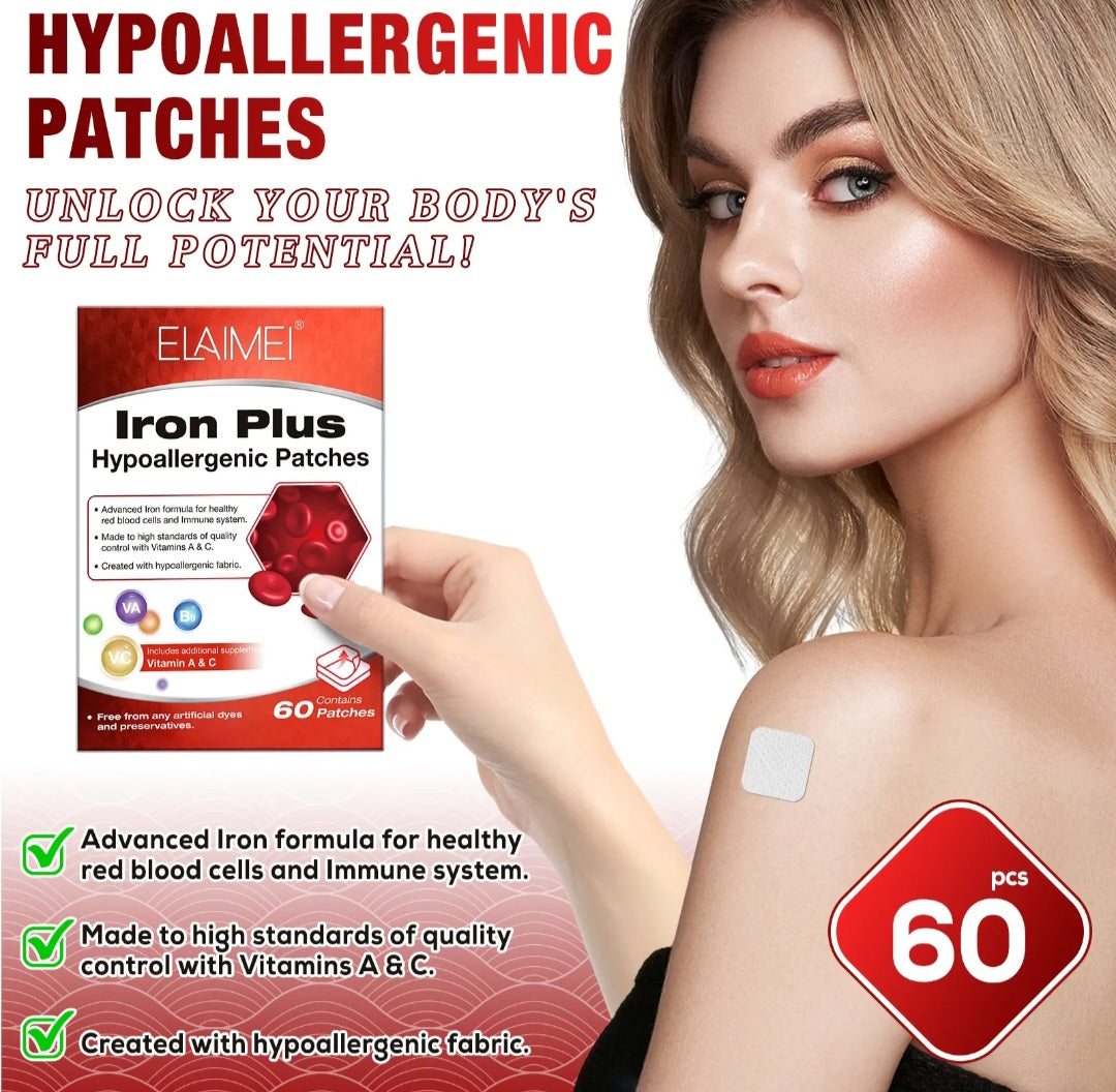 Elaimet Iron Plus hypoallergenic patches packaging with a woman applying a patch on her arm.