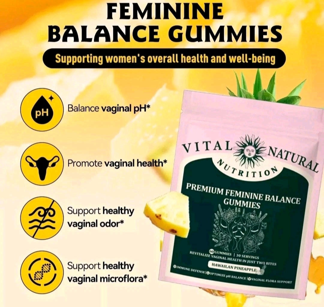 Vital Natural Nutrition feminine balance gummies packaging with health benefits on a yellow background