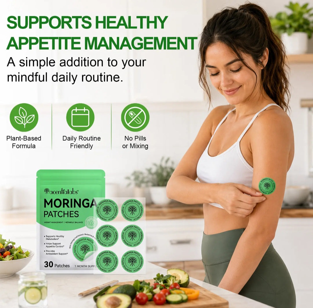 A woman in a white sports bra and olive green leggings applies a round green moringa patch to her upper arm in a bright kitchen setting. The image includes a package of 'accordlab Moringa Patches' and marketing text highlighting plant-based formula, daily routine integration, and no pills or mixing.