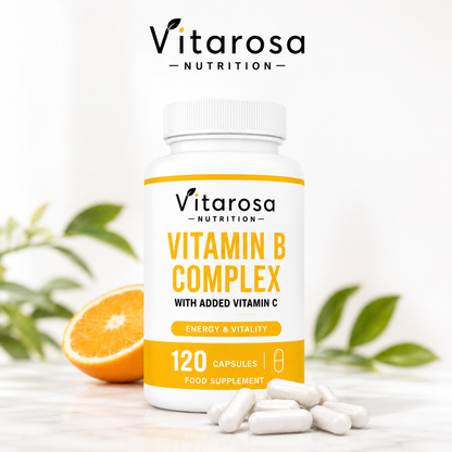 Vitarosa Vitamin B Complex bottle with white capsules and green leaves