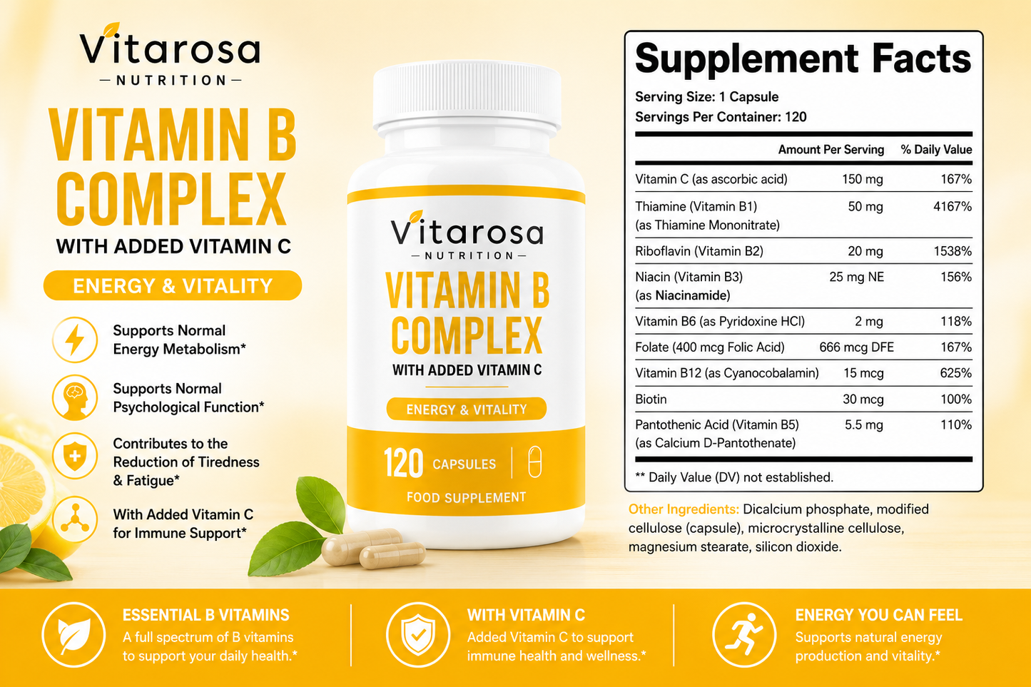 Vitarosa Nutrition Vitamin B Complex supplement bottle shown on a beige promotional graphic with supplement facts panel, capsules, and benefit callouts.