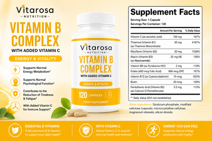 Vitarosa Nutrition Vitamin B Complex supplement bottle shown on a beige promotional graphic with supplement facts panel, capsules, and benefit callouts.