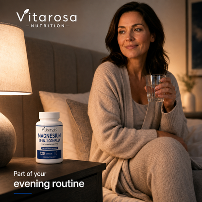 A woman in a cozy bedroom setting holds a glass of water beside a bottle of Vitarosa Nutrition Magnesium 2-in-1 Complex. The scene is warmly lit by a bedside lamp, with the woman wearing a beige cardigan and matching pants.
