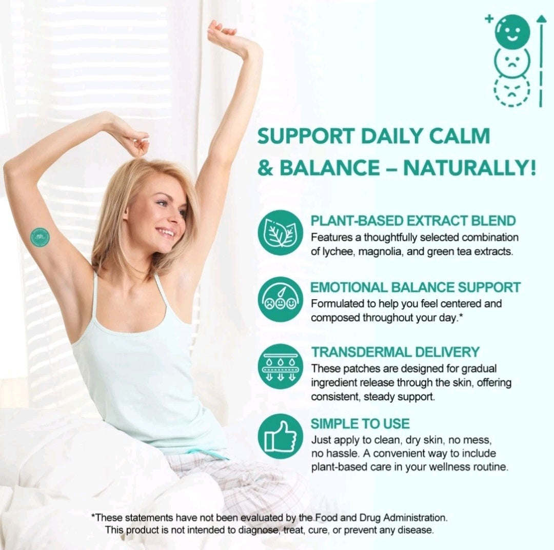 Woman stretching with text about plant-based extract blend for daily calm and balance
