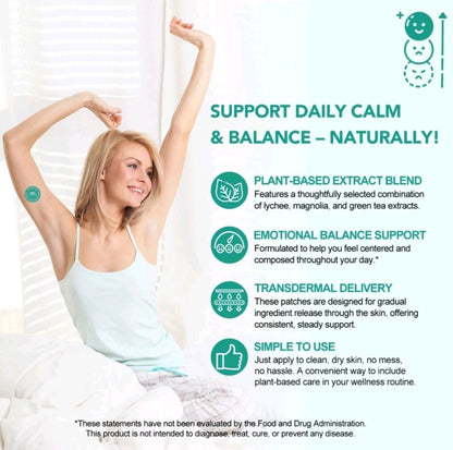 Woman stretching with text about plant-based extract blend for daily calm and balance