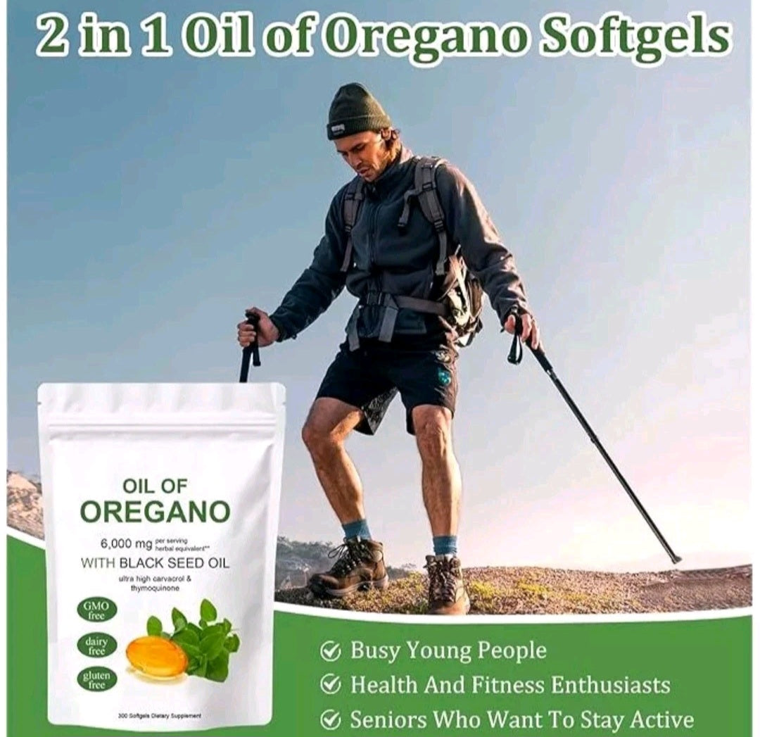 Person hiking with a package of 'Oil of Oregano' softgels on a scenic background